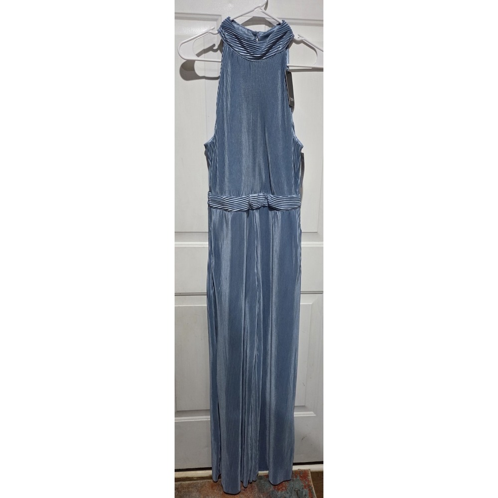 Fate Powder Blue Pleated Halter Jumpsuit Wide Leg Women L- NWT